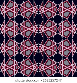 Geometric complex seamless pattern. Complicated colorful background. Mosaic ornament of polygonal shapes. Diamond grid square tile. Classic black red kaleidoscope design