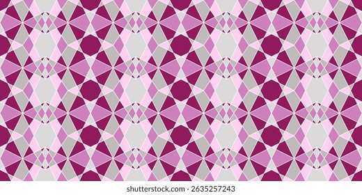Geometric complex seamless pattern in shades of pink. Complicated colorful background. Mosaic ornament of polygonal shapes. Diamond grid square tile. Classic stainless glass design