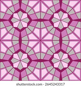 Geometric complex seamless pattern in shades of pink. Complicated colorful background. Mosaic ornament of polygonal shapes. Classic stainless glass design of square motifs