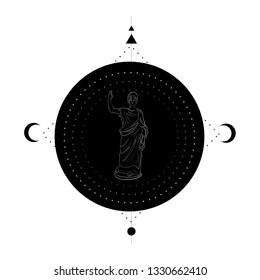 Geometric composition alchemy symbols and with linear silhouette of greek statue of woman on black circle with esoteric symbols and rose. Tattoo design. Fantasy illustration.