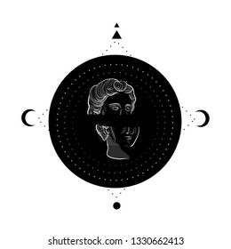 Geometric composition alchemy symbols and with linear silhouette of greek statue of woman on black circle with esoteric symbols and rose. Tattoo design. Fantasy illustration.