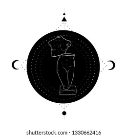 Geometric composition alchemy symbols and with linear silhouette of greek statue of woman on black circle with esoteric symbols and rose. Tattoo design. Fantasy illustration.