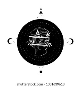 Geometric composition alchemy symbols and with linear silhouette of greek statue head of woman with branches on black circle with esoteric symbols. Tattoo design. Fantasy illustration.