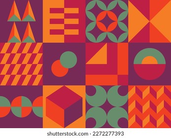 Geometric composition background design - flat shapes artwork illustration with funky bright colors vector