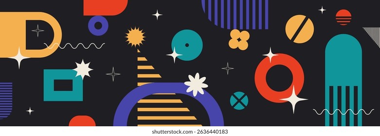Geometric composition banner with retro shapes, forms and colors, abstract figures on the dark background, architectural features, lines and basic graphic design elements. Vector illustration.
