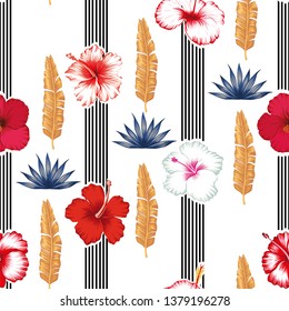 Geometric composition black lines with hibiscus flowers and golden banana leaves, blue bush seamless vector pattern white background