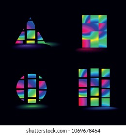 Geometric composition with bright holographic glowing shapes on dark background. Vector