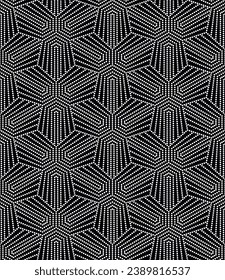 Composición geométrica con hexágonos negros concéntricos delineados con líneas punteadas blancas. Antecedentes abstractos. Textura de rayas moderna y elegante. Patrón de repetición sin inconvenientes. Ilustración vectorial.