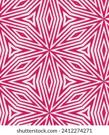 Geometric composition of concentric rhombus shapes in red and white. Abstract striped background. Irregular hand drawn style edges. Seamless repeating pattern.