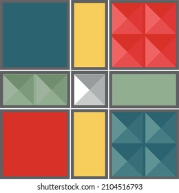 Composición geométrica. Colores contrastantes. Mosaico de plazas. Gráficos vectoriales. Moda de 2022.