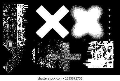 Geometric composition with crosses and glitched and pixelated texture on dark background. Set of pixel art elements.