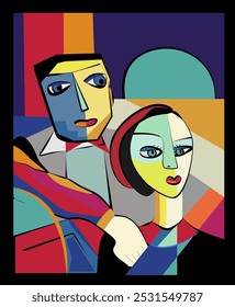 A geometric composition depicts two abstract faces characterized by bold lines and vivid colors. Their expressions are enigmatic amidst a backdrop of colorful, intersecting shapes.