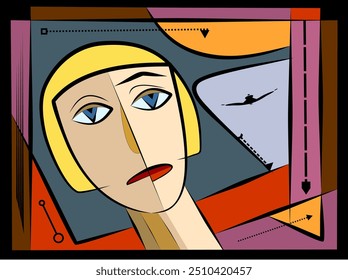 A geometric composition features a stylized face with  yellow hair. Angular lines and contrasting colors, including shades of red, purple, and orange, create an abstract and modern aesthetic.