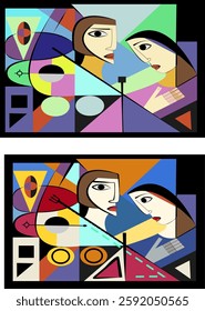 A geometric composition features a stylized human face . The use of circular and linear elements creates dynamic movement within the abstract design.