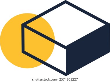 Geometric composition featuring a cube intersecting a vibrant yellow circle, creating a modern and abstract design suitable for various design projects