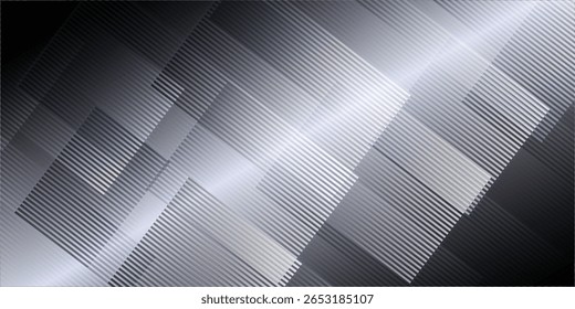 A geometric composition featuring a gradient of gray and white lines arranged in a diagonal pattern. The lines create a sense of depth and movement.