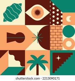 Composición geométrica, divertida, abstracta, colorida, mínima, atractiva y gráfica.