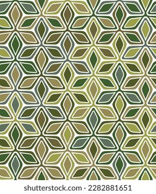 Geometric composition with green and brown rhombuses on a white background. Abstract floral design. Islamic retro style. Graphic textile texture. Seamless repeating pattern. Vector illustration. 