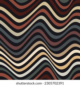 Geometric composition of horizontal wavy multicolored lines on a black background. Striped graphic texture. Vintage color design in grey, orange, and brown. Seamless repeating pattern. Vector image.