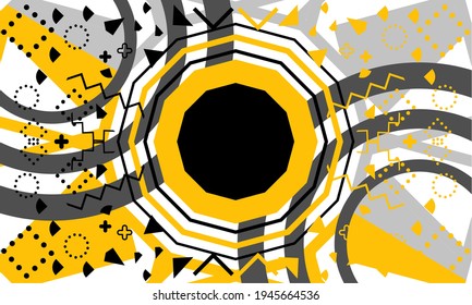 Geometric composition with layered burst effect, abstract curve, zigzag, dotted ring, grid cluster, and wave streak surrounding black void center in dynamic neo memphis arrangement.