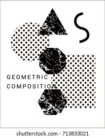 Geometric composition with marbled black and white shapes and halftone texture.