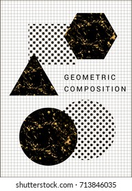 Geometric composition with marbled black and white shapes on grid background.