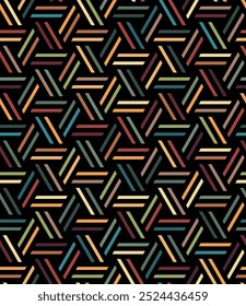 Geometric composition with multicolored striped triangles on a black background. Stripes in green, yellow, red, and blue. Abstract modern style. Seamless repeating pattern. Vector illustration.