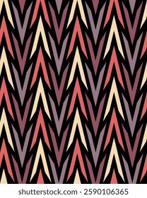 Geometric composition of multicolored triangles arranged in vertical lines on a black background in a modern chevron design. Seamless repeating pattern. Abstract vector illustration.