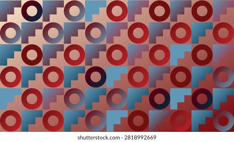 Geometric composition with red circles and blue squares on brown background
