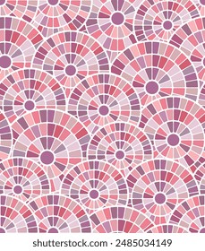 Geometric composition with segmented overlapping circles. Multicolored mosaic with small square tiles in red, pink, and violet. Seamless repeating pattern. Retro style.