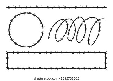 Composición geométrica que muestra diversos Elementos de alambre de púas sobre un fondo blanco, evocando texturas afiladas.