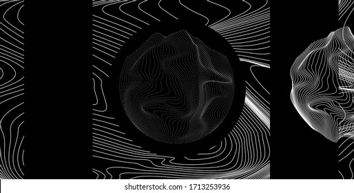 Geometric composition with spheres made of particles and wavy lines, fluid  shapes. Technology and science abstract illustration.