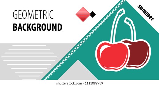 Geometric composition with squares and cherries. Bright summer background with text