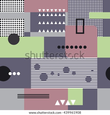 Geometric composition in the style of constructivism. Abstract stylish seamless pattern with geometric shapes. Circles, squares, stripes, lines. Cloth design. Wallpaper, wrapping