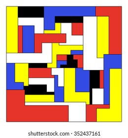 Geometric composition in the style of constructivism of the rectangles in the square. The red, blue, yellow, black and white colors.