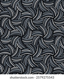 Geometric composition with thin multicolored black, white, and grey lines arranged in spirals, creating a modern intricate design. Seamless repeating pattern. Abstract vector illustration.