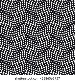 Geometric composition with wavy dotted lines. Rippled vertical waves.  Abstract background. Seamless repeating pattern. Black and white halftone style. Vector illustration.
