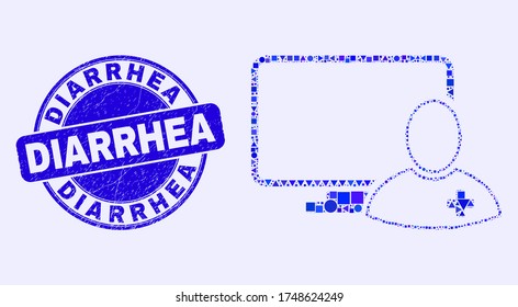 Geometric computer doctor mosaic icon and Diarrhea seal stamp. Blue vector round distress seal stamp with Diarrhea message. Abstract concept of computer doctor done of round, triangles,