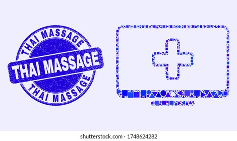 Geometric computer medicine mosaic icon and Thai Massage seal stamp. Blue vector round scratched seal stamp with Thai Massage phrase. Abstract mosaic of computer medicine designed of round, tringle,