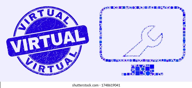 Geometric computer settings wrench mosaic icon and Virtual seal stamp. Blue vector round distress stamp with Virtual caption. Abstract mosaic of computer settings wrench combined of round, tringle,