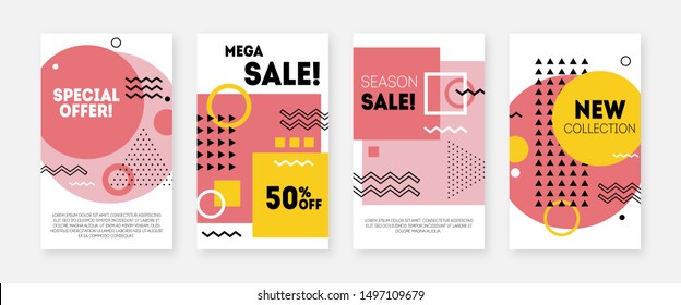 Geometric concept design for sale banners. Memphis style discount offer. Modern promotion template