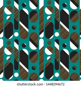 Geometric concept retro 50s wood texture and emerald green seamless pattern. Vertical trendy long oval repeatable motif for fabric, textile, wrap, surface, web and print design. 