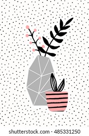 Geometric concrete vase with black branches and pink pot with succulent plant on textured background. Cute and modern Scandinavian style illustration for greeting card, wall art, invitation design.