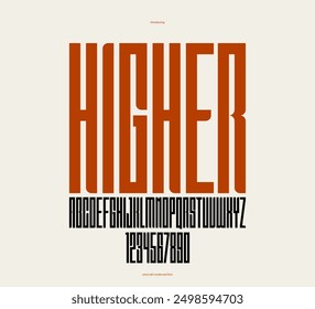 Geometric condensed sans serif typeface, vector tall and massive simple minimal font, poster and advertising letters and numbers alphabet for logos headers or slogans.