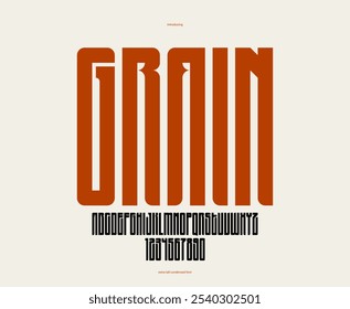 Geometric condensed sans serif typeface, vector tall and massive simple minimal font, poster and advertising letters and numbers alphabet for logos headers or slogans.