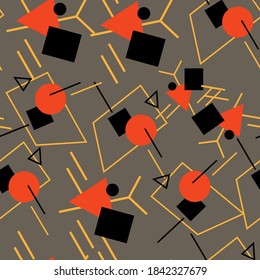 Geometric confetti on grey backdrop. Abstract seamless pattern for wallpaper, wrap paper, sleeper, bath tile, apparel or bed linen. Phone case or cloth print. Flat style stock vector illustration
