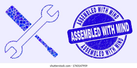 Geometric configuration tools mosaic icon and Assembled with Mind seal stamp. Blue vector rounded scratched stamp with Assembled with Mind message.