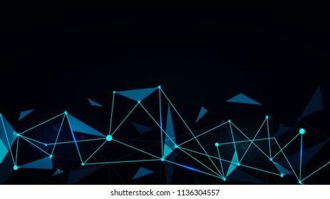 Geometric connected abstract background. Global network connection. Vector abstract digital landscape with particles dots and stars on horizon.Futuristic blue abstract grid. Intelligence artificial.