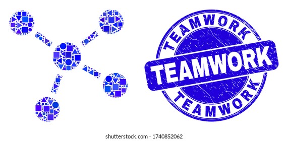 Geometric connections mosaic icon and Teamwork stamp. Blue vector round grunge stamp with Teamwork title. Abstract mosaic of connections composed of circle, triangles, square geometric spots.