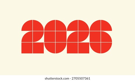 Geométrica “2026” construida con azulejos redondeados rojos sobre un fondo crema cálido, tipografía modular limpia diseñada para la marca de temporada, calendarios y diseños promocionales.